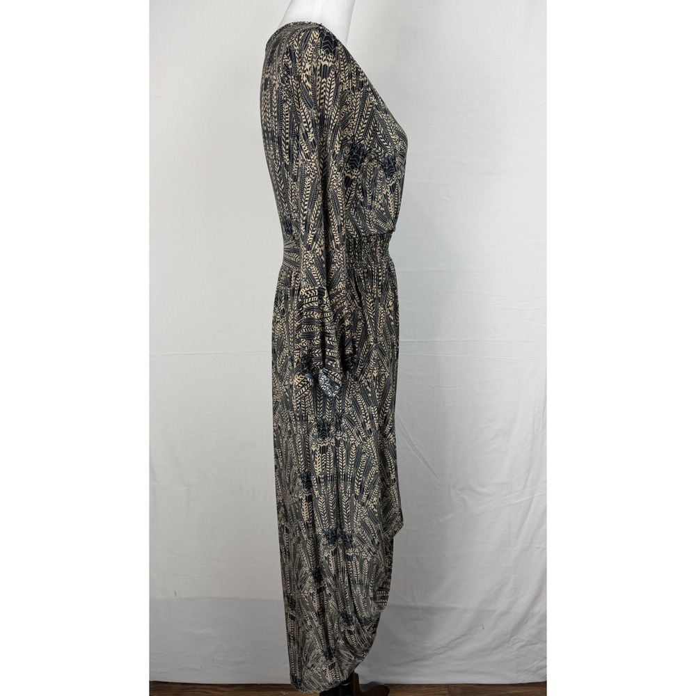 Sapogee Women Dress M Tan Black Geometric Leaf Smocked Waist Ruffle Bell Sleeve - Picture 11 of 14